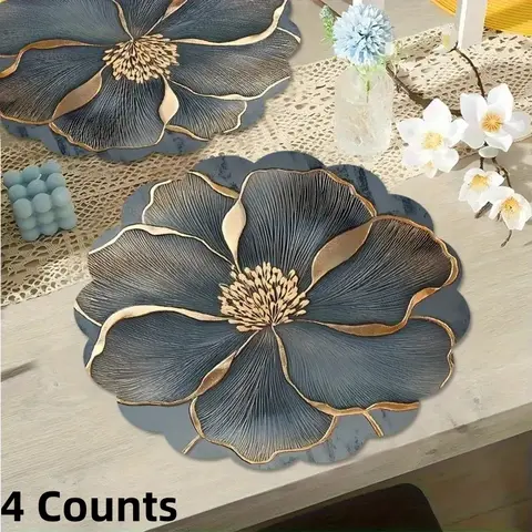 Floral Pattern Circular Set of 4, Anti-Slip Heat-Resistant Polyester Table Mats, Dining Accessories, Table Placemats