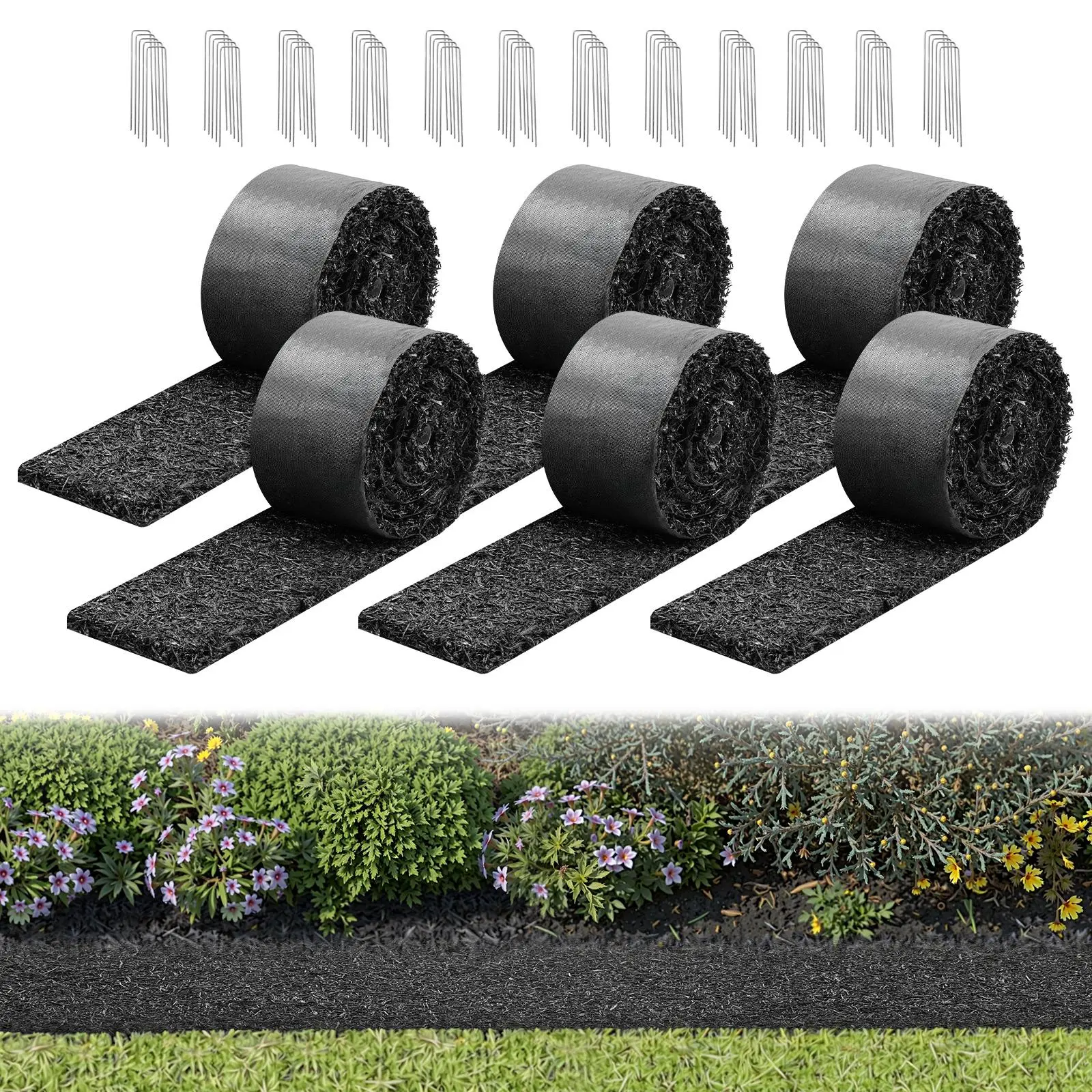 【SummerFinds】VEVOR Rubber Mulch Mat Roll, 6 Rolls 120 x 4.5 in, Recycled Rubber Permanent Mulch Edging Border, Natural-Looking Flower Barrier with Stakes, 0.5 in Thick Cuttable Garden Edgings for Landscaping