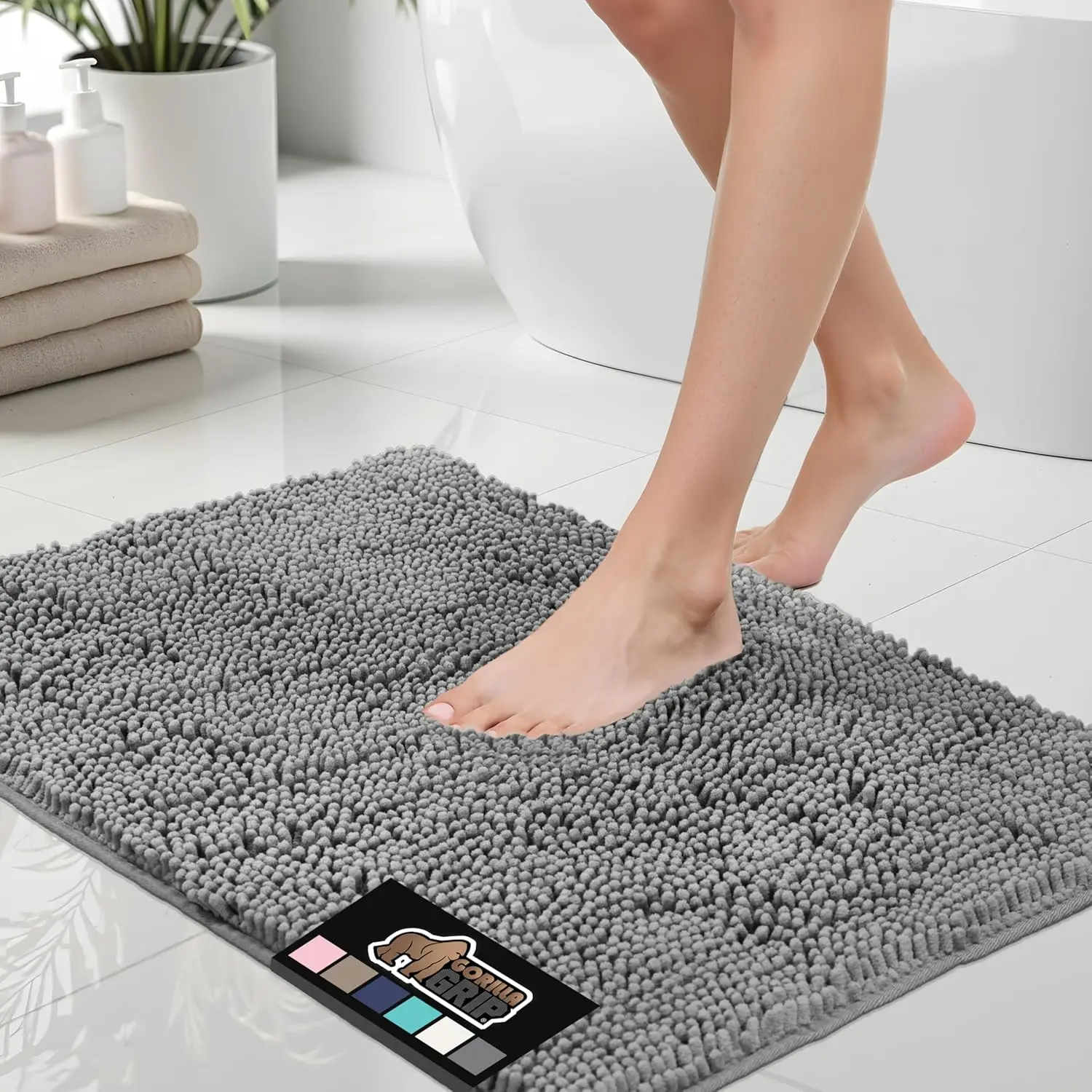 GORILLA GRIP Bath Rug Mat, Thick Soft Absorbent Chenille, Quick Dry Microfiber Mats, Rubber Backing Machine Washable Shower Floor Rugs, Bathmat Runner,
