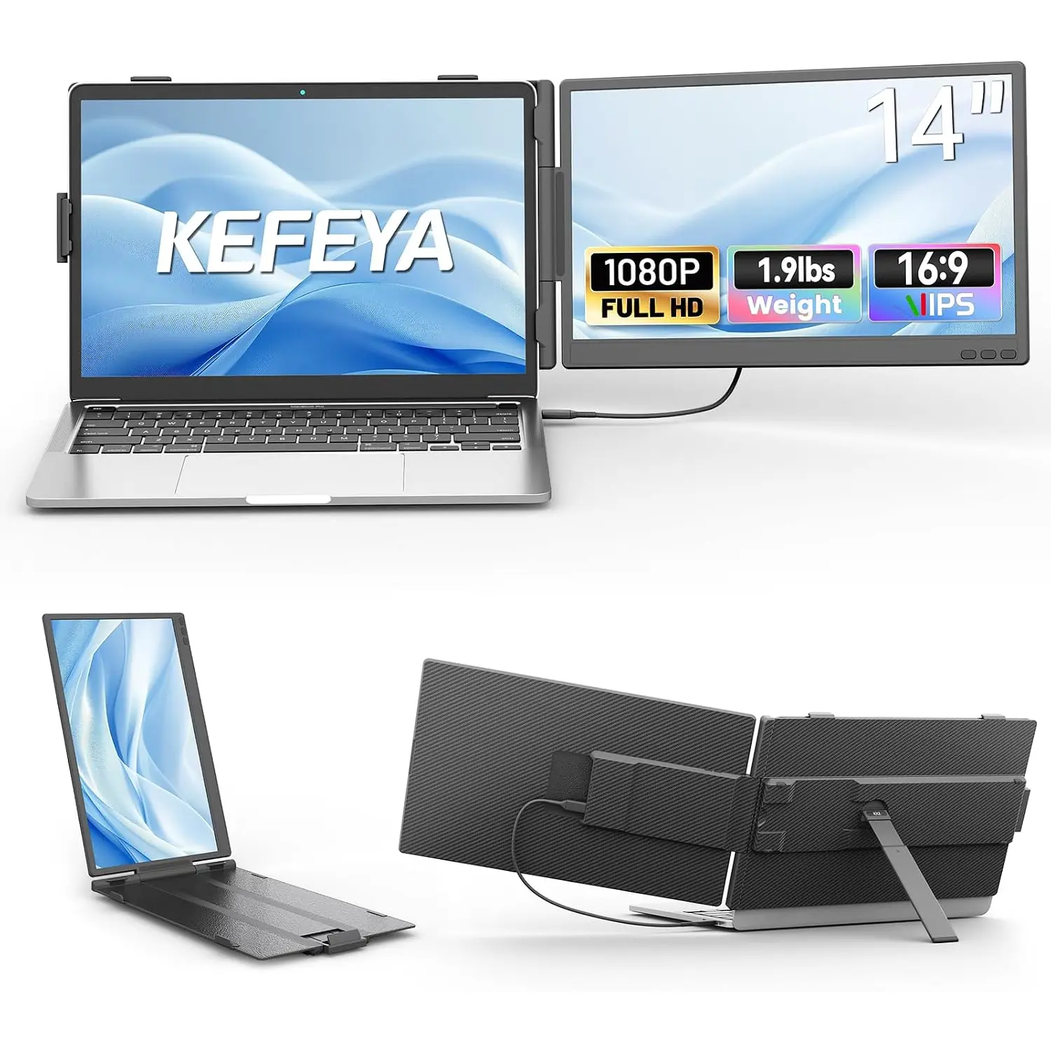 KEFEYA Laptop Screen Extender 14", FHD 1080P IPS lcd Laptop Monitor Extender, Portable Dual Monitor for Laptops 13-17" with USB-C/HDMI Port, Plug n Play for Windows/Mac/Android/Switch/PS5 summerwins tiktokshopbacktoschool, Work, Gaming Monitor