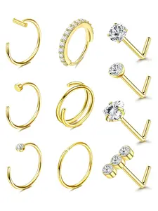 10-Piece Stainless Steel Nose Rings Set, Heart Design L-Shaped Studs, Zircon Inlay, Unisex Body Jewelry, Party Birthday Gift