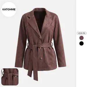 KatchMe Women's Classy Notch Lapel Button Waist Tie Suede Jacket, Vintage Fall & Winter Outerwear with Patch Pocket, Cozy Long Sleeve Coats Womenswear