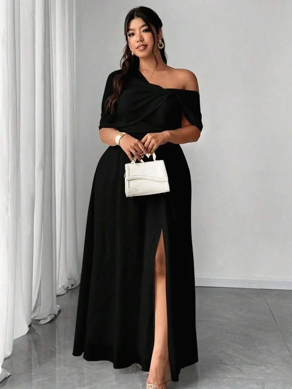 Plus Size Women Elegant Romantic Wedding / Party / Banquet Chiffon One-Shoulder Split Hem Dress