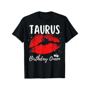 Taurus Zodiac Birthday Queen T-Shirt for Men & Women - April May Born Taurus Sign with Bull Symbol Lips & Print, 100% Cotton Casual Short Sleeve Tee