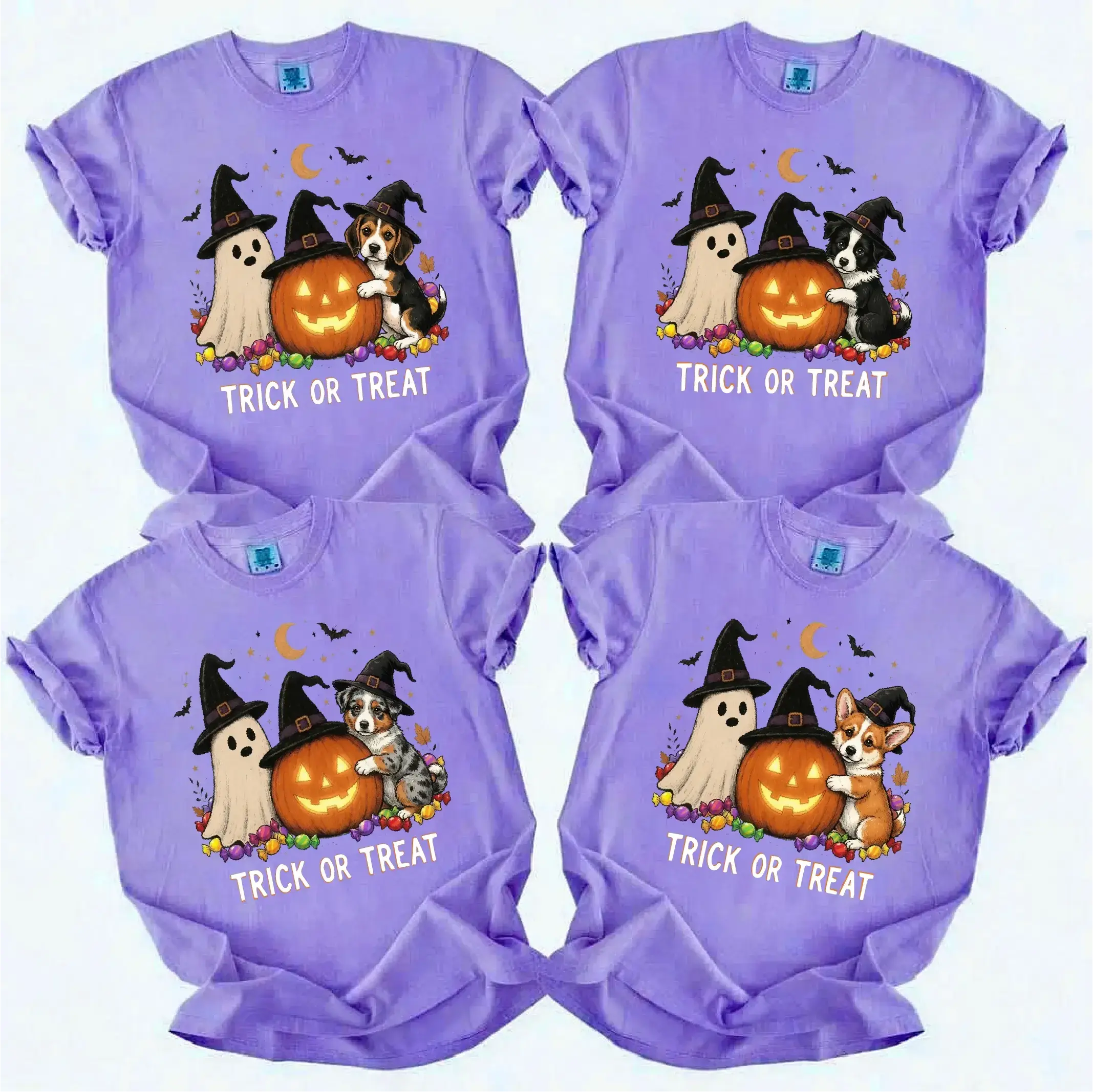 Custom Dog Breed Comfort Colors Halloween Shirt | 50+ Dog Breeds Ghost & Pumpkin Graphic Tee | Cute Witch Dog Trick or Treat Gift v4