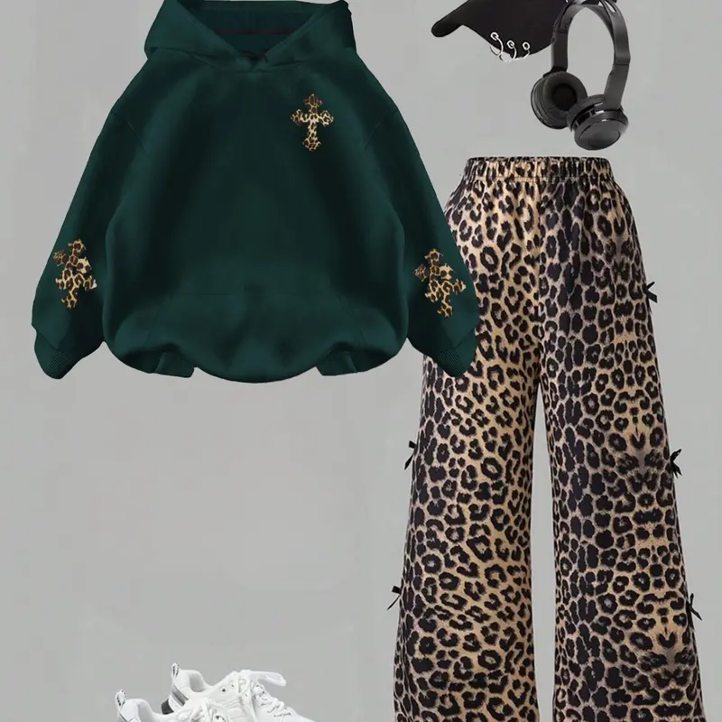 Women's Leopard Print Hoodie Top Set, Lady, Womenswear, Slim-Fitting Casual Pants, Sexy Street Style, Perfect for Daily Gatherings, Camping, Vacation, Hooded Sweatshirt Set