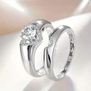Round CZ Heart Ring Set (2Pcs), Ideal for Weddings & Valentine's Day