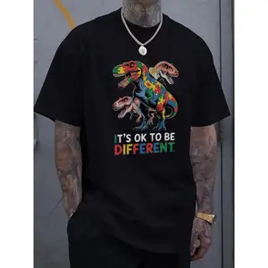 Men's Autism Awareness "It's Ok To Be Different" Puzzle Dinosaur Graphic T-Shirt Crew Neck Short Sleeve Black Casual Tee TikTok Viral