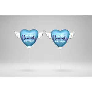 Happy Heavenly Birthday Memorial Balloon on a Stick – 8" Blue Purple Script 2-Pack with Angel Wings