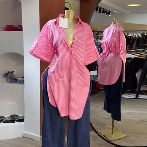 Autumn and winter clothing 2025 new Fall Women Half Sleeve Single Breasted Blouse Shirt Striped Print Street Casual Loose Long Tops Shirts