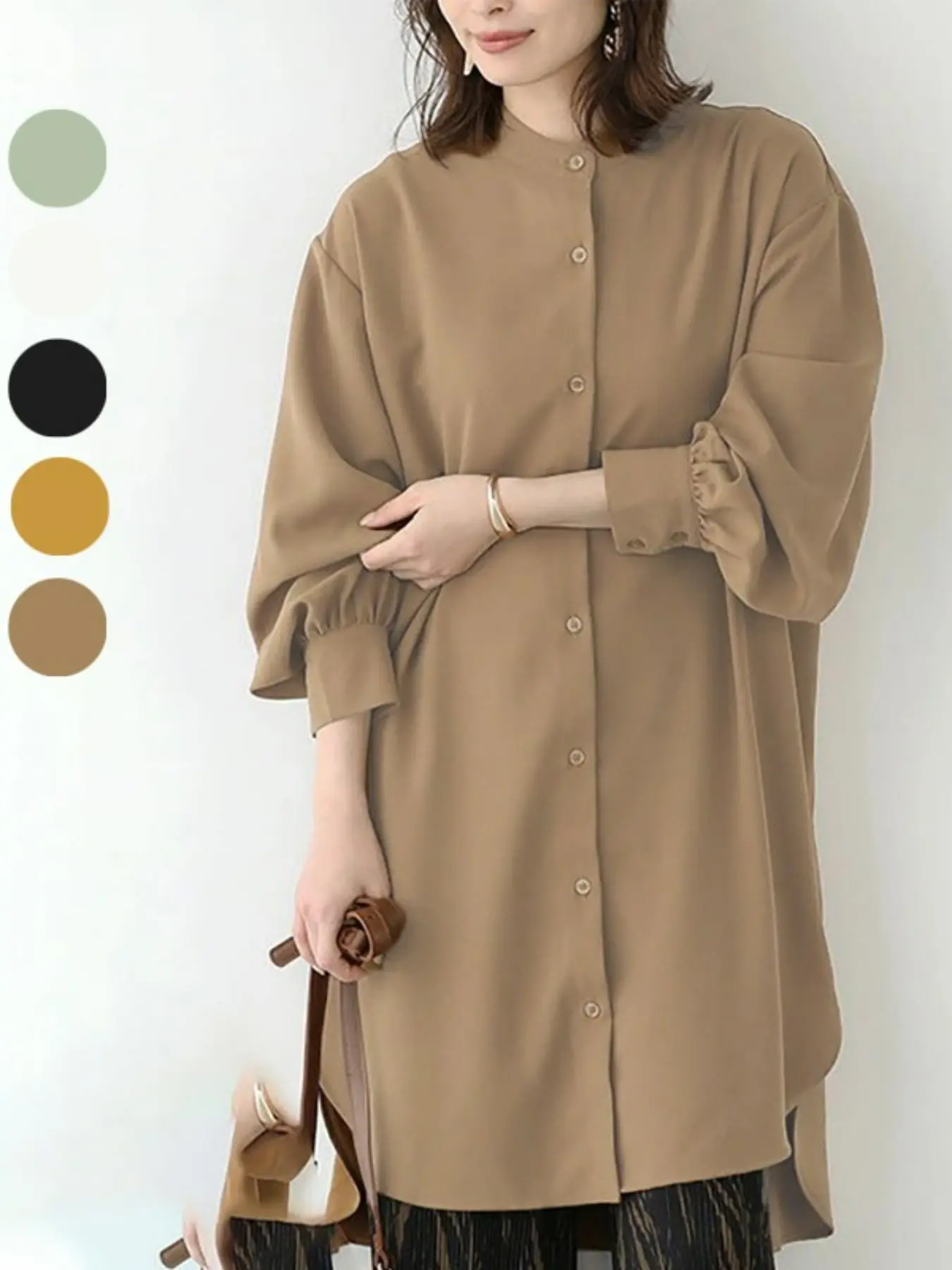 Women's Basic Plain Pattern Long Sleeve Shirt Dress Blouse, Loose-Fitting Midi Casual Top, Summer Sun Protection, New Arrival 2026, Solid Pattern, Womenswear