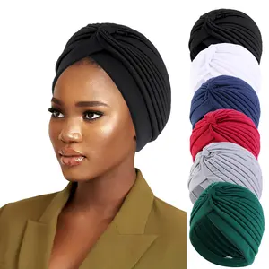 6pcs/set Candy Color Turbans For Women Classic Pleated Head Wraps Elastic Beanies Hats Chemo Cap