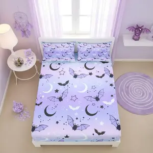 Bat Bottom Sheet,Halloween Theme Animals Bedding Set Room Decor,Watercolor Purple Star Sky Moon Sheet Set Cartoon Gothic Style Fitted Sheet