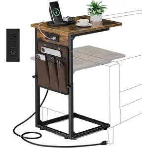 C Shaped End Table with  Station, Adjustable Height Side Table for Couch, Small Sofa Table with Storage Bag, Slide Under Sofa TV Tray Snack Arm Tables for Living Room, Bedroom, Brown
