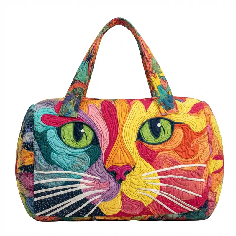 Colorful Mosaic Cat Portrait Patchwork Print Polyester Quilted Duffel Tote Bag for Women, Cat and Art Lovers, Travel and Weekend Trip, Large Capacity, Soft and Sturdy, Rainbow Cat Pattern Handbag