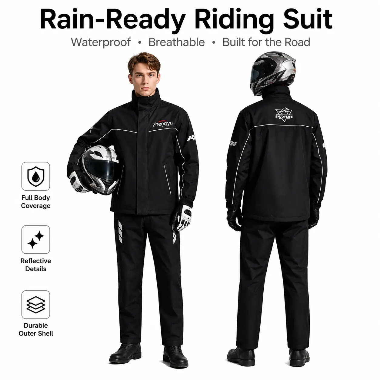Men's Reflective Waterproof Rain Suit, Lightweight Windproof Jacket & Pants Set, Outdoor Rainwear for Riding, Travel and Camping, M, 3Xl, 2Xl, Waterproof Pants, Male