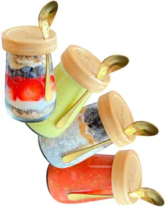 Glass Overnight Oats Containers with Bamboo Lids and Spoons - Stackable Breakfast Storage for the Kitchen