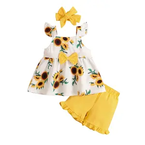3Pcs Toddlers Baby Girls Summer Outfits Set Floral Square-Neck Ruffle Sleeves Vest Tops Frilled Shorts Headband Clothes Set