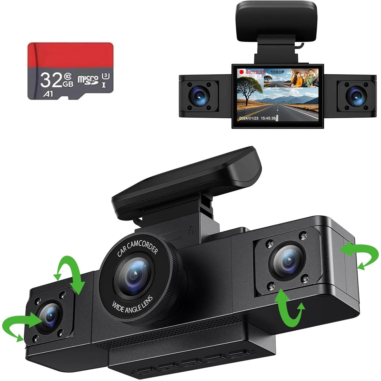 3  1080P Dash Cam Front and Inside Left/Right, Free 32G Card, Dash Camera Loop Recording, Triple Camera for  24 Hours/7 Parking , Wide Angle, IR Night Vision, with G-Sensor, Black