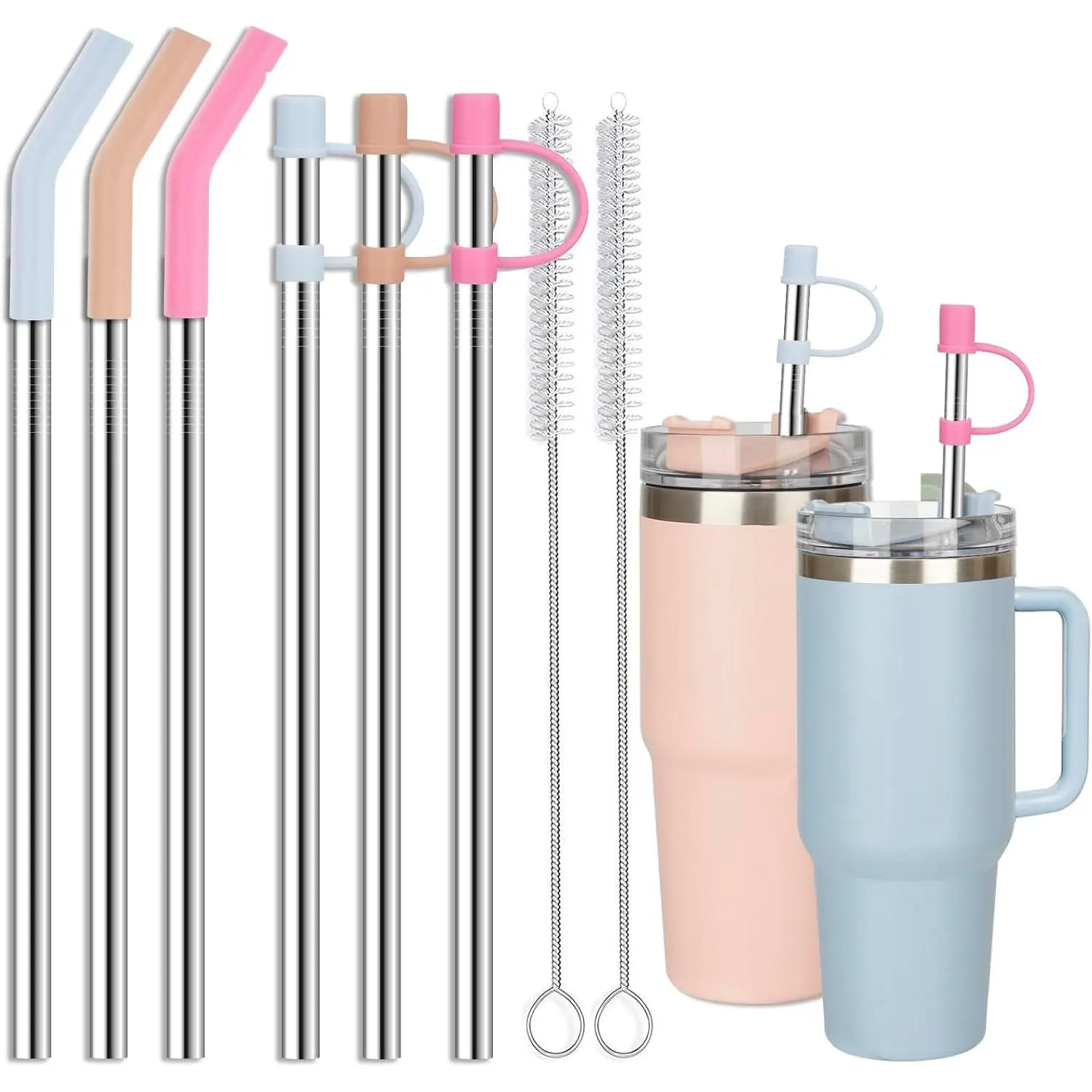 Stainless Steel Straws with covers fit  30oz tumbler,  10.5 Inch Metal Straw with  Tips & Cover Caps, Compatible with  Quencher H2.0 (6 Pack: 3 Bent + 3 Straight)