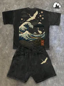 Men's Japanese Ukiyo-E Wave Crane Graphic Print Set, Loose Fit Cotton Casual Wear, Fuji Mountain & Cherry Blossom Elements, Street Style Summer