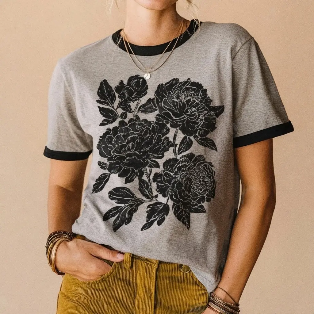 Retro Linocut Peonies Ringer TShirt, Cottagecore Floral Graphic Tee, Vintage Botanical Flowers T Shirt, Ranunculus Boho Garden T-Shirt Gift