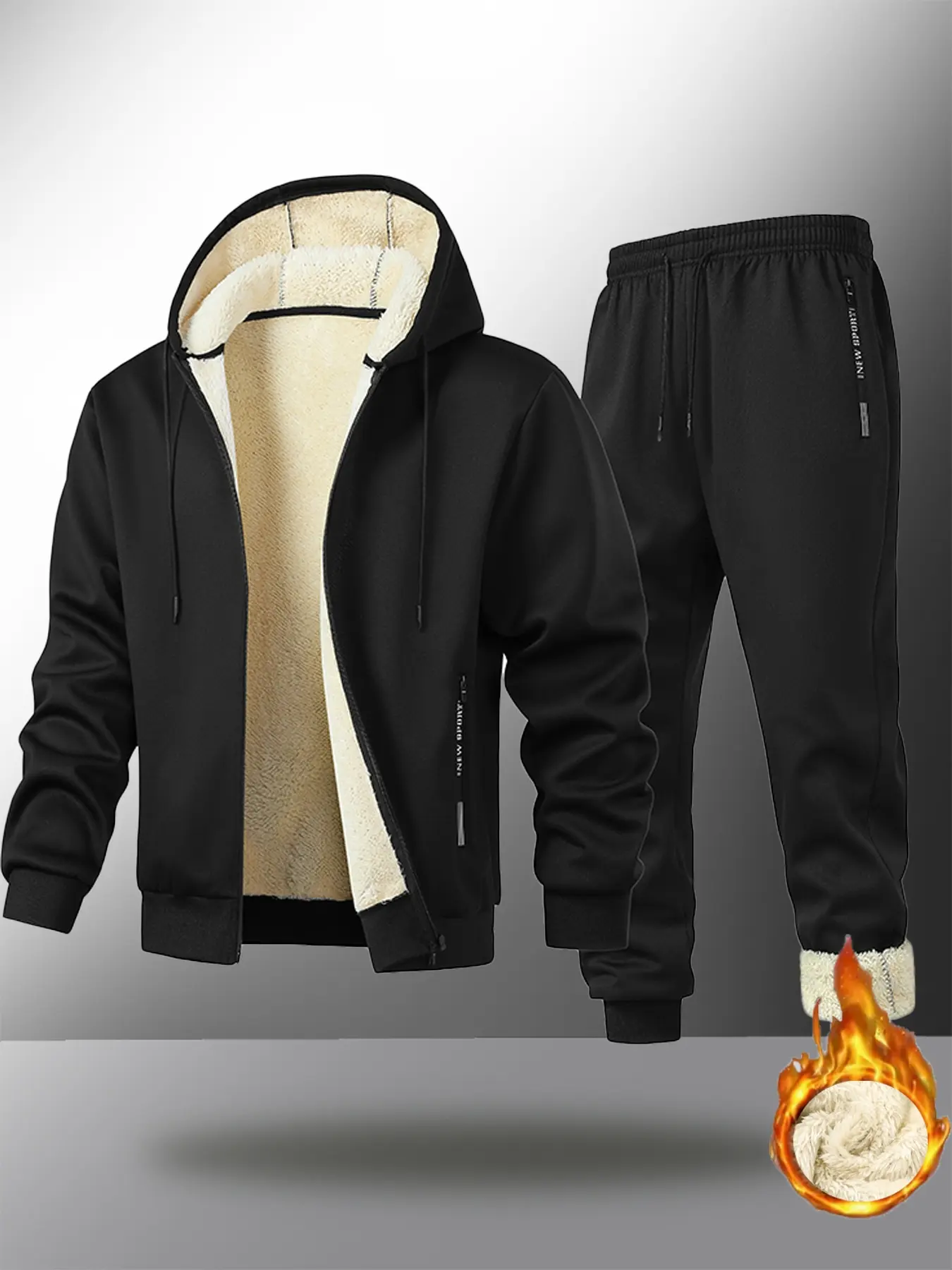 Men's Hooded Sweatshirt Set, Fall Winter Fleece Lined Baseball Jacket, Casual Fashion Outdoor Coat, Lamb Wool, Two-Piece