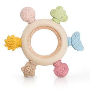 Baby Soothing Teether with 6 Different Textures, Silicone Teething Relief Toy for Hand-eye Coordination, Baby Teether Ring for Gifts, Sensory Teether