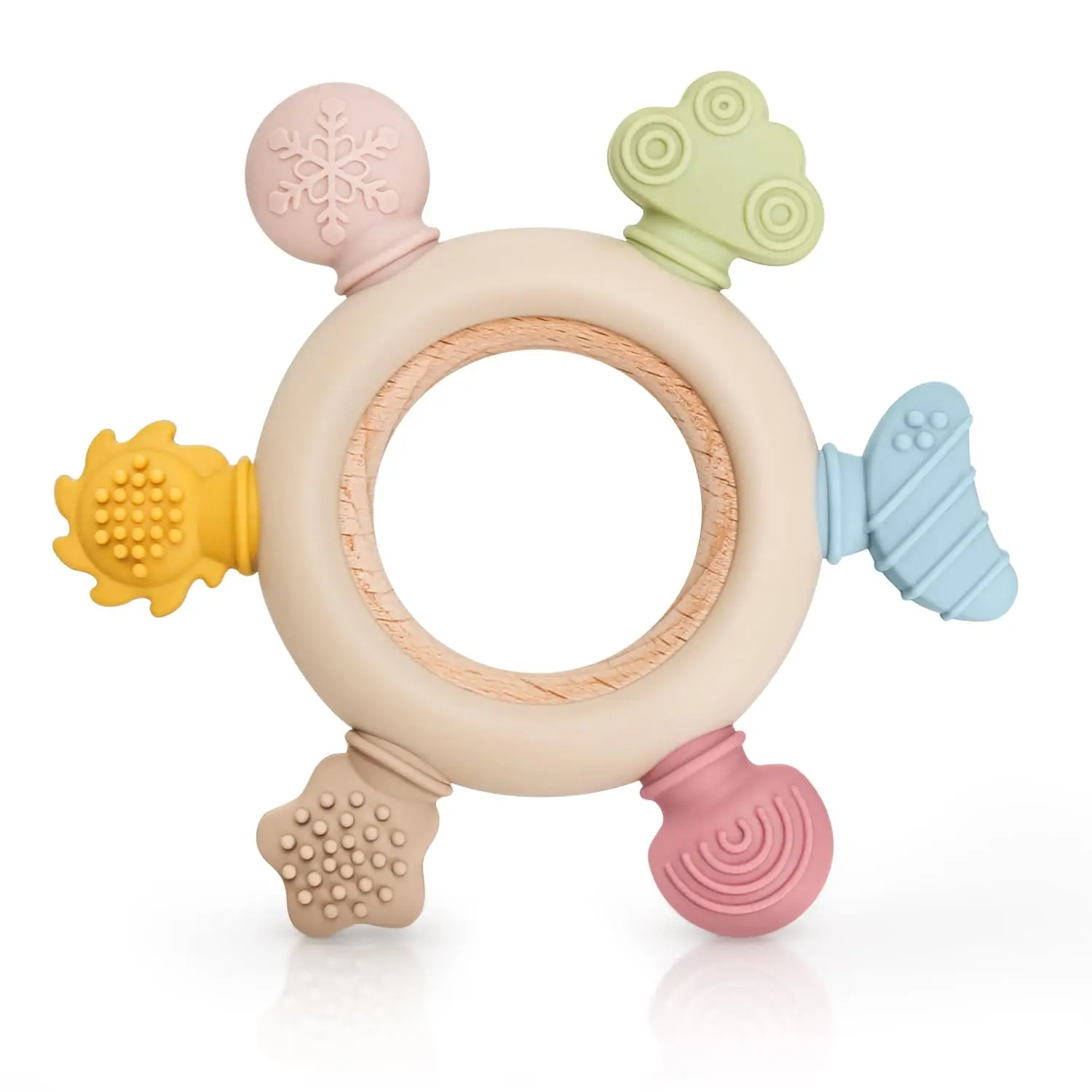Baby Soothing Teether with 6 Different Textures, Silicone Teething Relief Toy for Hand-eye Coordination, Baby Teether Ring for Gifts