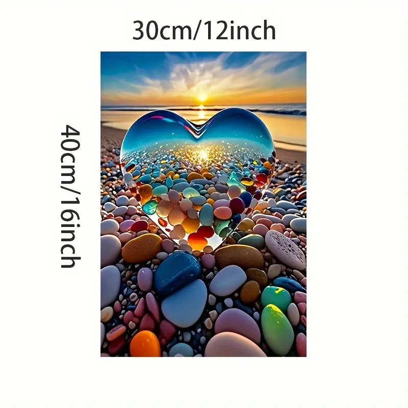 Framed Waterproof Canvas Art Print - Sunset Beach Landscape with Pebbles Heart, Decorative Home Wall Decor for Living Rooms, Bedrooms, Unique Gift Idea