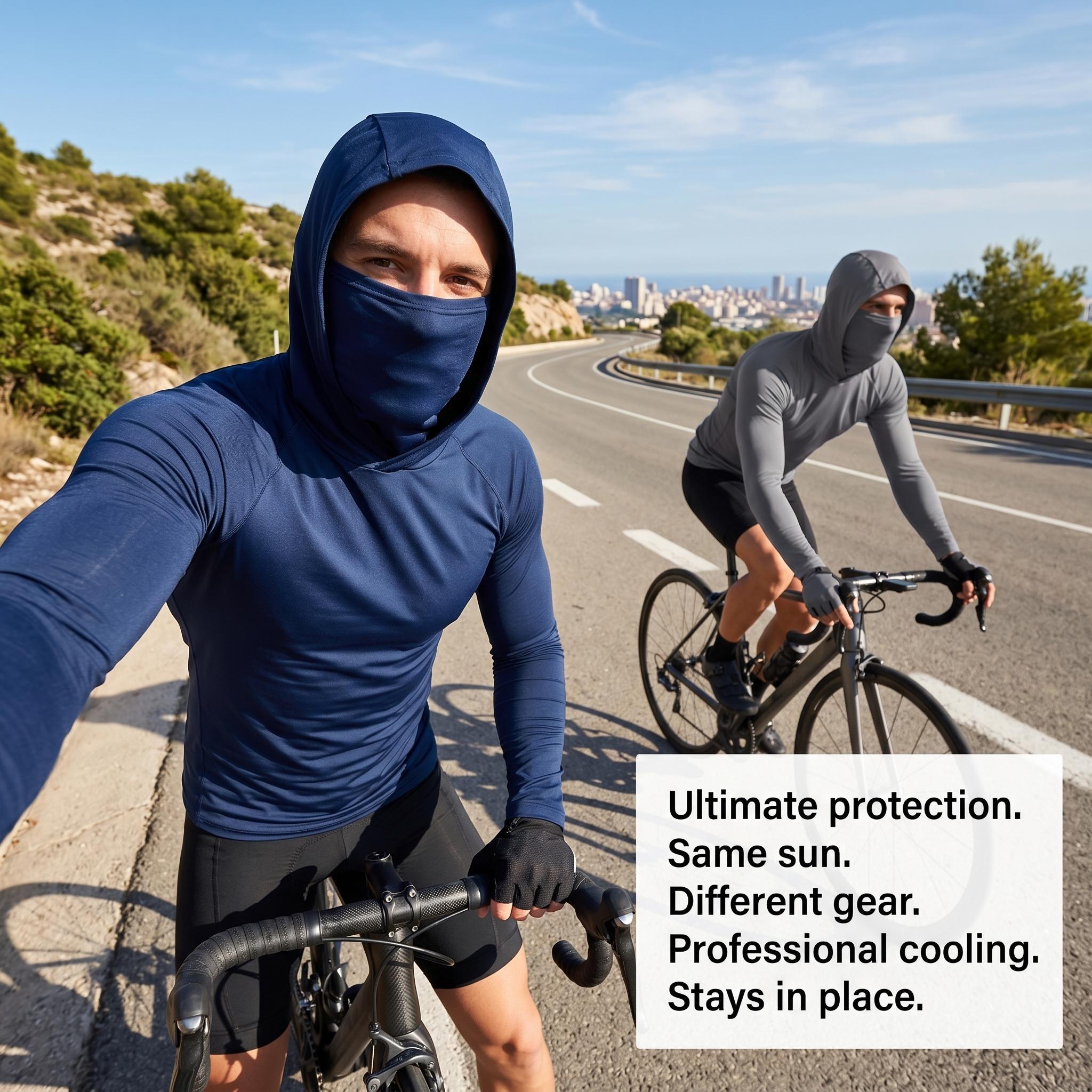 Men's 6-Pack Slim Fit Compression Sun Hooded Activewear Training Shirts - Breathable, Quick-Dry, Lightweight, UPF Long-Sleeve Polyester Clothes with Attached Face Mask, Machine Washable, All-Season Muscle Support Tops for Fishing, Biking