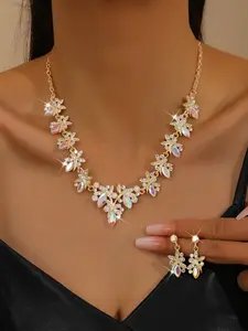 Vintage Palace Style Rhinestone Collarbone Necklace Set, Elegant Floral Rhinestone Earrings, Wedding Banquet Dress Accessories