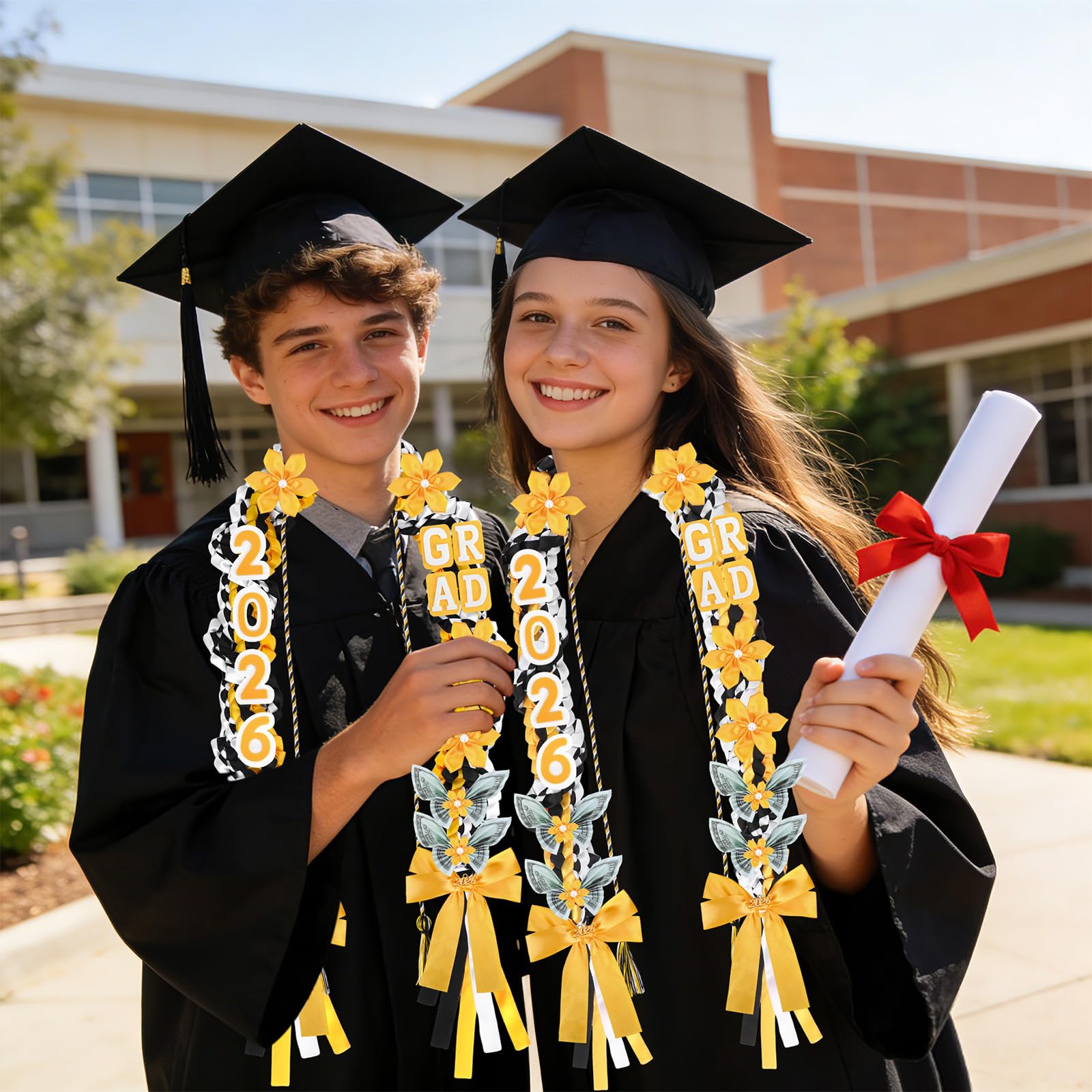 ONERIR 21Pcs Graduation Leis 2026, 50 Inch Class of 2026 Double Braided Money Lei with Satin Ribbon Flowers, Blue Yellow White Graduation Party Gifts for Women & Men