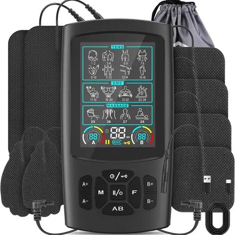Techvibes TENS & EMS Muscle Stimulator Machine - New Upgraded Color Screen, 28 Modes, Dual Channels, 12 Electrode Pads, Therapy Massage Tool for Adults' Pain Relief, Self Care Gadget, Cool Gadgets for Adults, Guys Gifts