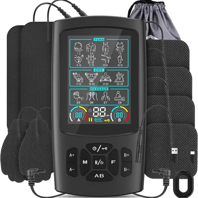 Techvibes TENS & EMS Muscle Stimulator Machine - New Upgraded Color Screen, 28 Modes, Dual Channels, 12 Electrode Pads, Therapy Massage Tool for Adults' Pain Relief, Self Care Gadget, Cool Gadgets for Adults, Guys Gifts