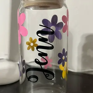 Custom name 16oz glass cup with bamboo lid