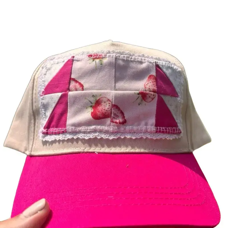 Unisex Cotton Strawberry Quilted 5-Panel Snapback Cap with Quilt Blocks, Patchwork Print, Snap Closure, Stylish Look for Everyday Use Casual Wear