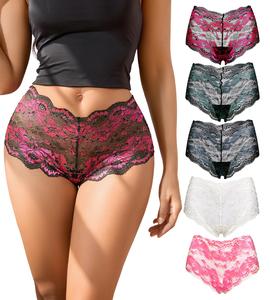 DEANGELMON High Waisted Lace Boyshorts Underwear for Women Cheeky Boy Short Panties Stretchy V-Cut Shorts Briefs Pack