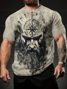 Men's Nordic Mythology Pattern T-Shirt, Magic Compass & Viking Beard Print, Casual Fitted Comfortable Round Neck Short Sleeve Top, Menswear