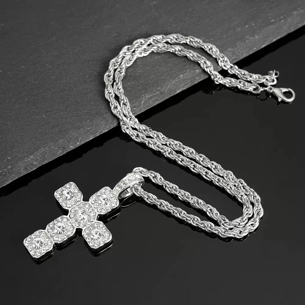 Cross Pendant Necklace, , Punk Style Cubic Zirconia Accessory with Stainless Steel Twisted Tennis And Rope Chain, Iced Sparkling Statement Ornament Suitable for Daily Wear And Gifting for Men, Women And Husband Cross Pendant Necklace, , Punk Style Cubic Zirconia Accessory with Stainless Steel Twisted Tennis And Rope Chain, Iced Sparkling Statement Ornament Suitable for Daily Wear And Gifting for Men, Women And Husband