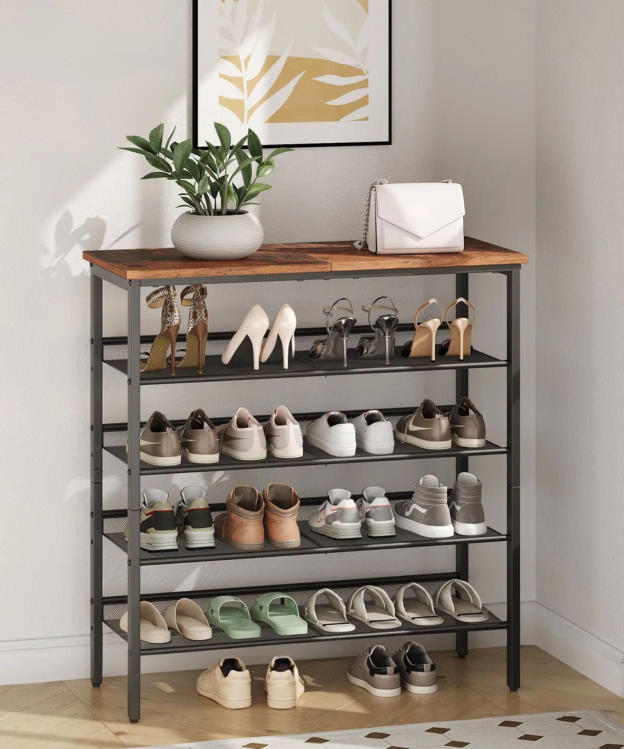 HOOBRO Shoe Rack for Entryway, 5-Tier Shoe Organizer with Adjustable Mesh Shelves, 16-20 Pairs of Shoes, Floor Mount, Metal, Industrial, Shoe Shelf, Rustic Brown #SummerVibes