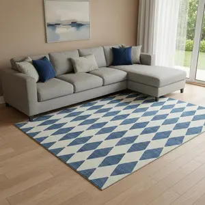 HomeRoots 10x14 ft. Navy Blue & Ivory Diamond Print Flat Pile Indoor Machine-Made Rectangle Area Rug (650074), 360 Stand Compatible, Machine Washable, Stain Resistant, UV Protected Classic Household Textile, Machine Washable Rugs, Stain Resistant Rug