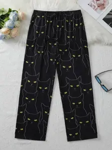 Men's Cat Print Sleep Pants, Casual Homeewear, Fitted, Polyester Blend, Comfortable Spring & Fall Pajamas, Faux Drawstring Waist, Loungewear, Pjs, Homewear, Nightwear
