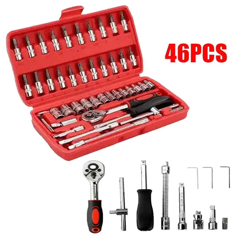 46-Piece Socket Tool Set, Chrome Vanadium Steel 1/4-Inch Drive with Quick Release Ratchet for Auto Repairs & Home Maintenance - High Torque Performance for Rusted Nuts, Complete Accessories