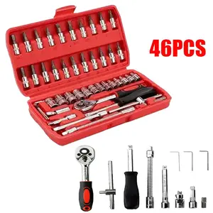 46-Piece 1/4 Inch Combination Socket Tool Set, High-Carbon Steel Ratchet Wrench Kit, Complete with Extension Bars & Universal Joint, Red Blow Case for Auto Home Repair