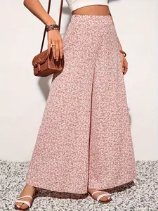 Women's Floral High-Waisted Wide-Leg Pants, Boho Festival Trousers, Casual Lounge Pant, Minimalist Comfort Design, Elastic Waistband, Casual Home & Vacation Wear