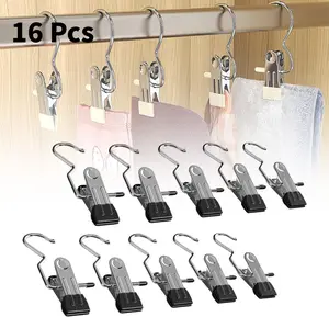 Laundry Hanging Hooks Clips, 16 Pcs Boot Hangers Heavy Duty Stainless Steel Portable Travel Drying Clothes Pins for Closet Home Sock