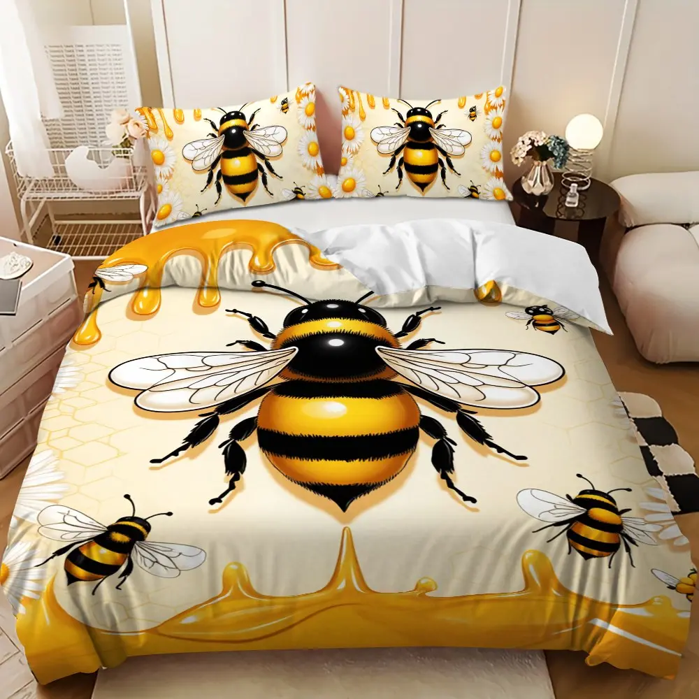 Bedding 3-piece set - 3PCS,Yellow and black bee honey daisy design down comforter set (1 comforter cover + 2 pillowcases, filling not included). soft and comfortable, suitable for family bedrooms.