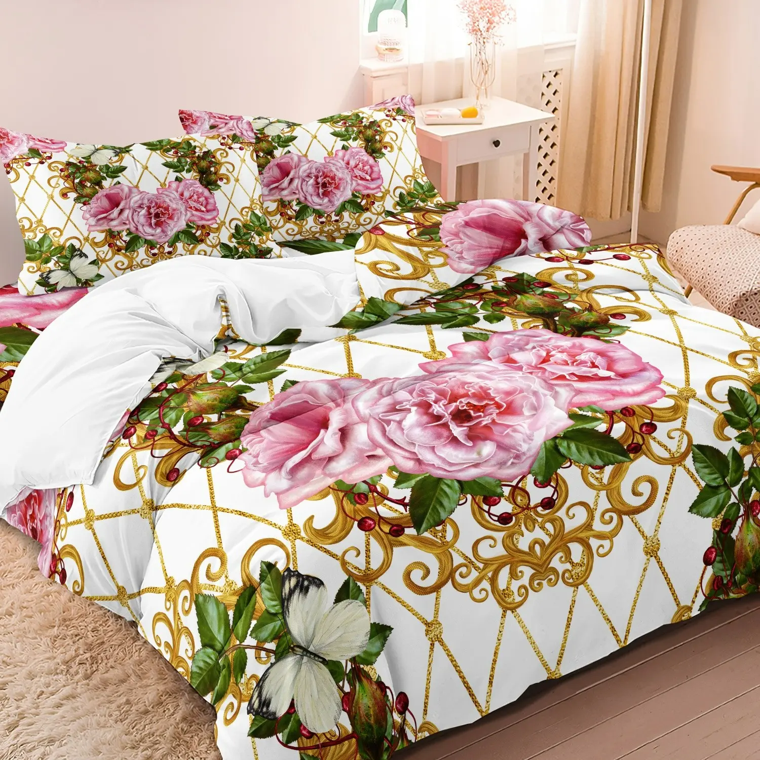 3pcs Set Luxury Style Floral Pattern Bedding Duvet Cover Set, Decorative Duvet Cover, Machine Washable Duvet, 1 Set Including 1 Duvet Cover & 2 Pillowcases without Filler, Soft Comfortable Comfy Bed Sets for Home Bedroom Hotel