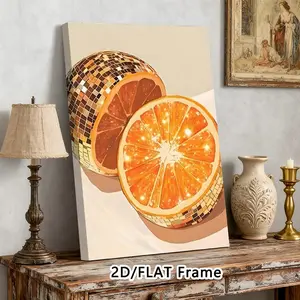 Framed Disco Slices Canvas Wall Art, Funky Retro Disco Ball Citrus Print, Vibrant Fruit Poster, Ready to Hang, Summer Party Decor